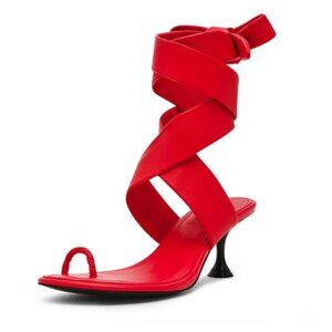 FSJ Red Open Round Toe Women's Heel Sandals with Wrap Ankle Strap